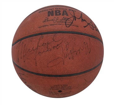 Circa 1985 Utah Jazz Game Ball Featuring Rare Combo of Early Vintage Signatures of Michael Jordan, Larry Bird, Magic Johnson Along With Rookie Era Karl Malone & John Stockton (Beckett)